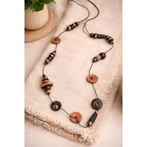 Boho Statement Necklace Long Beaded Pendant Black Brown Terracotta